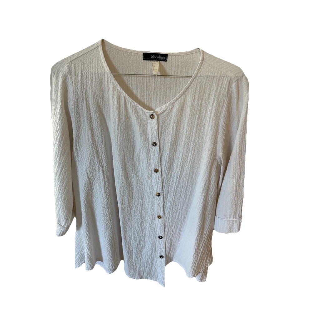 Vtg Moonlight Y&S Fashion‎ Light White Crinkle Long Button Up Blouse Shirt Small